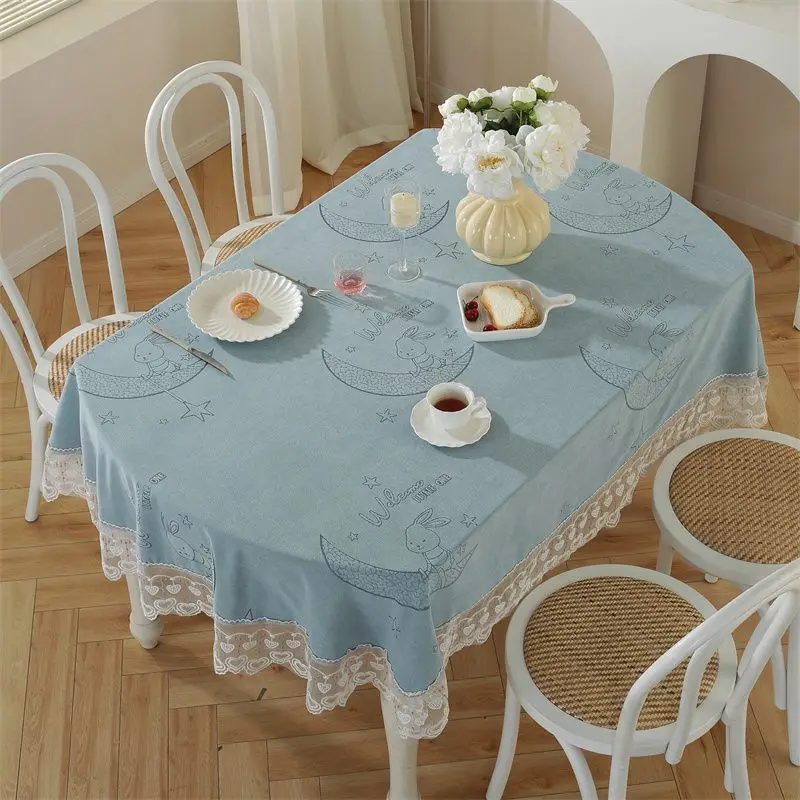 Tablecloth Oval Jacquard with Lace Table Cover for Dining Cute Soft 140x200cm Farmhouse Home Decorative Ellipse Table Cloth