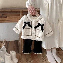 Winter Toddler Girls 2PCS Clothes Set Knotbow Hairy Fleece Warm Coat Velvet Pants Suit Infant Baby Girls Outerwears Outfits