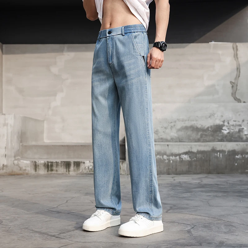 

High Quality Lyocell Fabric Jeans Men Summer Thin Loose Wide Leg Pants Work Outdoor Wear Slacks Jogger Street Clothing Trousers