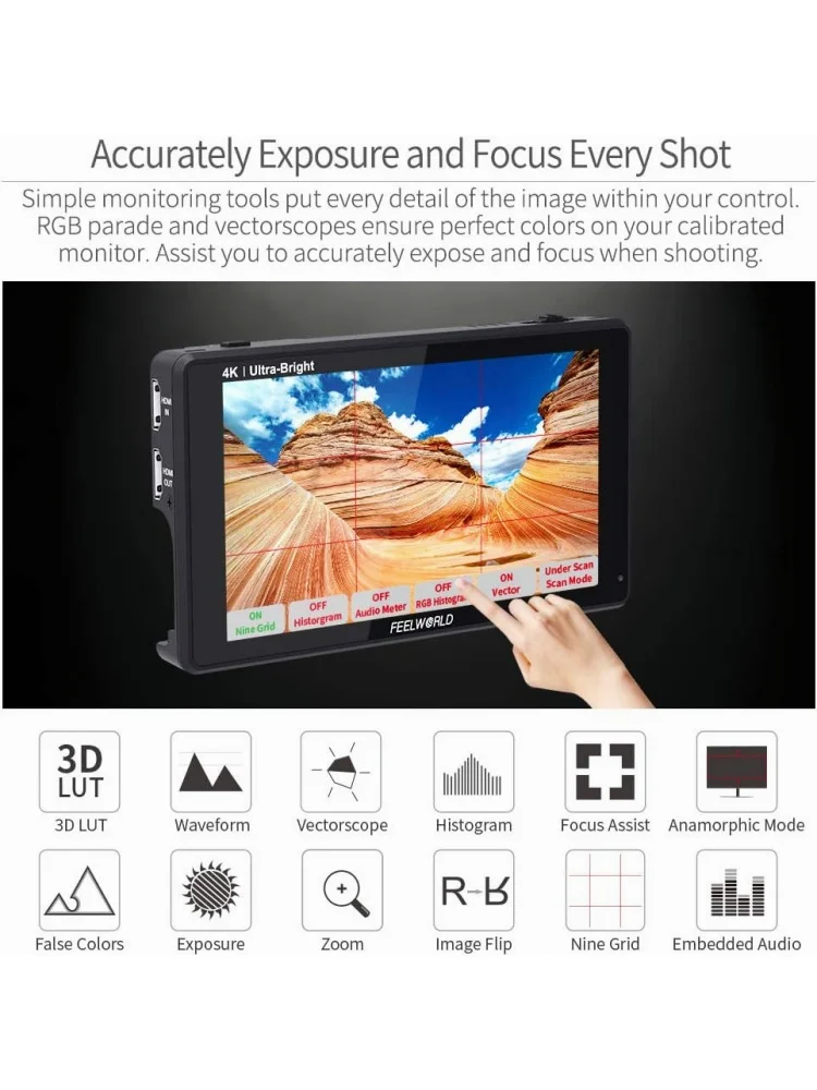 FEELWORLD LUT6 6 Inch 2600nits HDR 3D LUT Touch Screen DSLR Camera Field Monitor with Waveform VectorScope Histogram 4K HDMI view 6