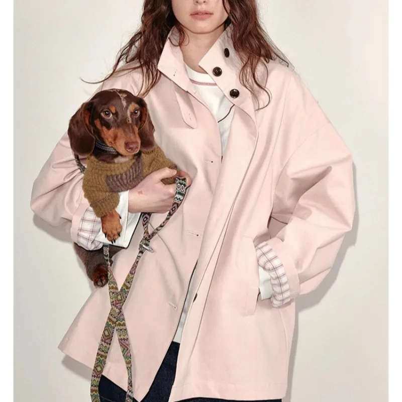 2026 Spring Autumn Fashion Retro Short Windbreaker Women New Style Minimalist Design Plaid Cuffs Light Colored Jacket Women