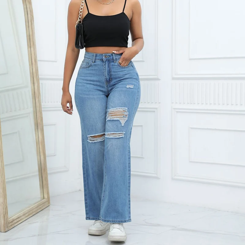 New Designer Women Broken Holes Jeans Tassel Bootcut Jeans Casual All-Match High Street Style Cropped Pants Commuter Denim Pants