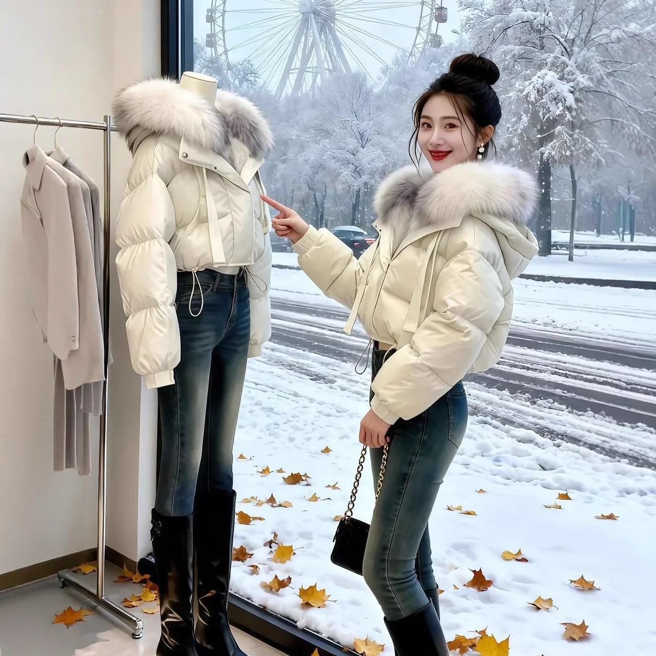 Elegant Korean Fox Fur Collar Cropped Puffer Coat Outerwear Women Cream Drawstring Waist Loose Short Warm Winter Bubble Jacket