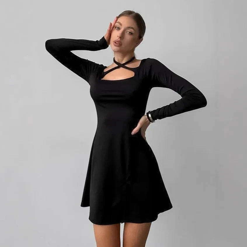 

2026 Spring New Vintage Black Square Neck Long Sleeve Simple Slit Layering A Line Dress Women Solid Color Temperament