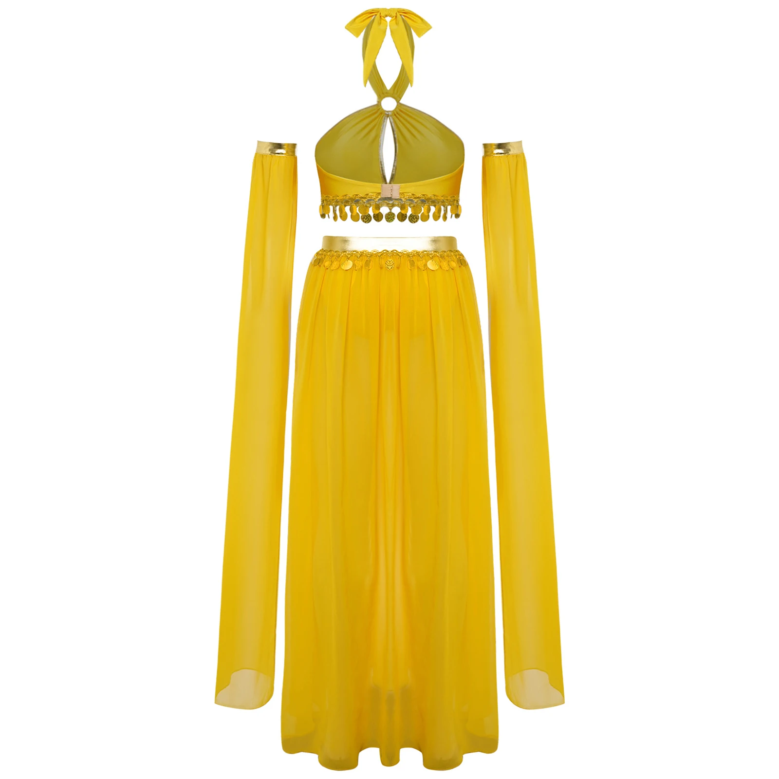 Women Belly Dance Performance Costume Crop Top with Built-In Briefs Side Slit Chiffon Skirt And 1 Pair Removable Split Sleeves