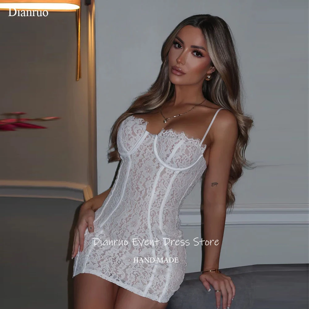 

Dianruo Delicate White Floral Lace Prom Dresses Bodycon Homecoming Dresses Thin Spaghetti Straps Robes De Cocktail Customized