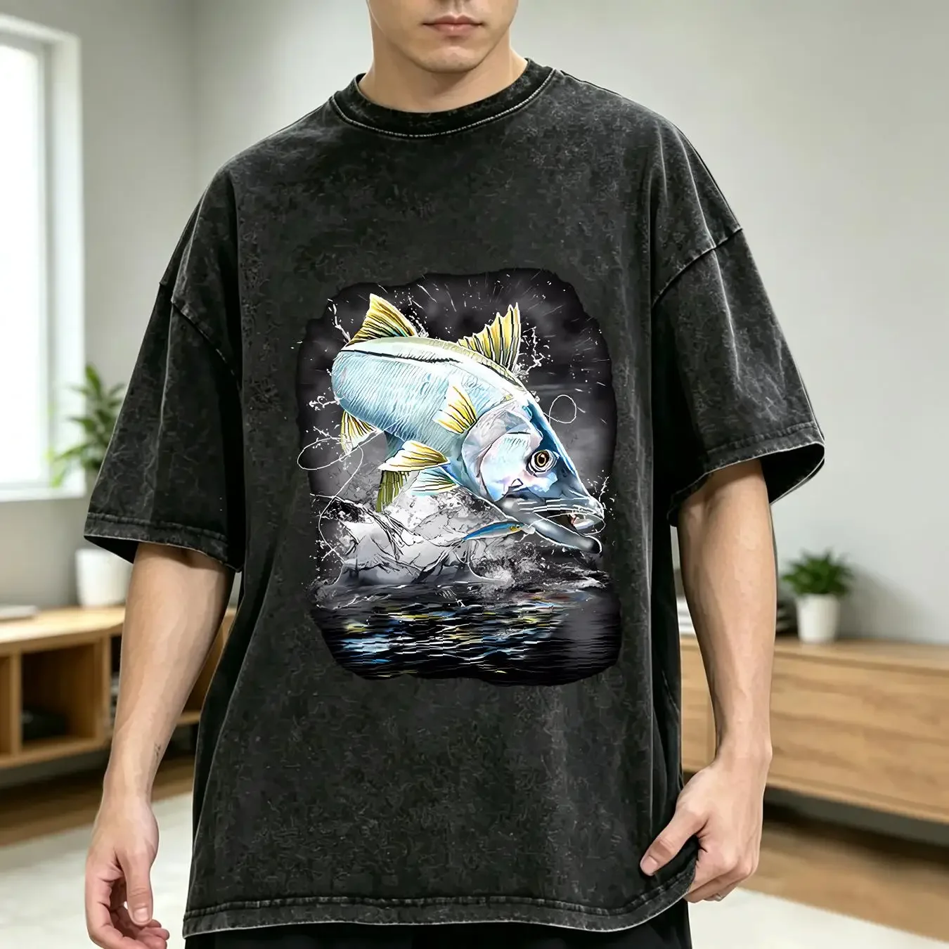 washed T Shirt JUMPING SNOOK angler fishing lake fisherman  vintage Washed streetwear Stylish Casual fashion Stretched Slightly