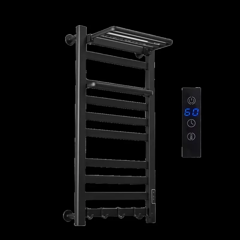 for White Aluminum Electric Towel Warmer Wall Mounted Heated Towel Rack with LED Display Timer Plug-in or Hardwired for