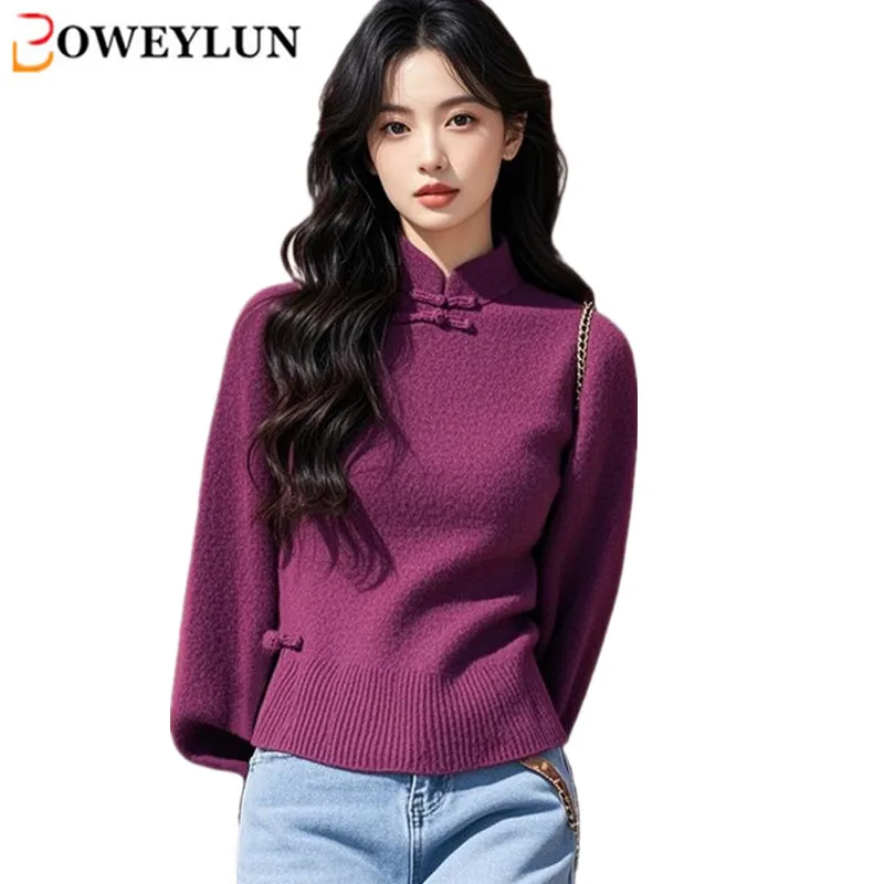 

BOWEYLUN New Chinese Style Disc Buckle Collar Purple Sweater Women Autumn and Winter Retro Pullover Female