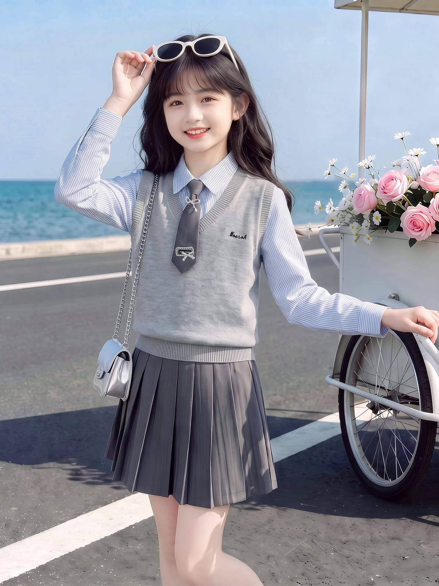 Autumn College Style Teen Girls JK Clothes Suit Knitted Vest Cotton Shirt Pleated Skirt Junior Kids Clohtes Set Child Outfits