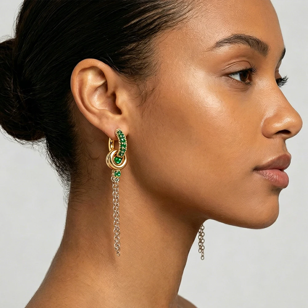 Edelstahl-Ohrringe mit grünem Zirkon in verschiedenen Farben, vergoldete Kette für Damen, mehrere Tragevarianten, wasserdichter Schmuck, Geschenk.