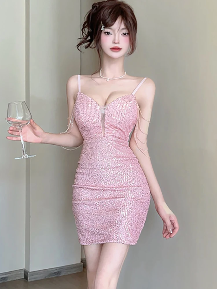 

Летнее розовое платье с блестками, роскошное сексуальное клубное платье на бретельках, женское элегантное облегающее короткое платье с запахом бедер, 2025 корейское винтажное вечернее платье, Vestidos