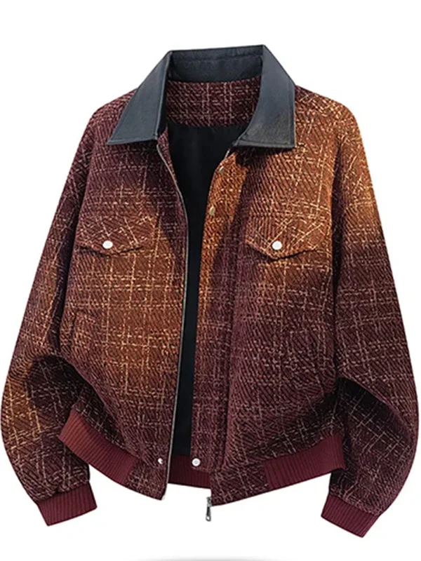 

Cleanfit Plaid Pu Leather Collared Jaet Men's ort Size Workwear Outerwear Trendy Splice Color Contrast Casual Sle