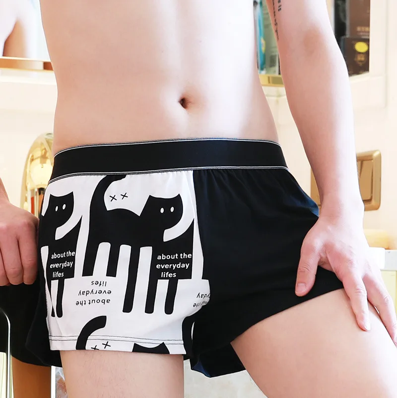 Mens Cotton Loose Fit Boxer Shorts Cartoon Cat Graphic Elastic Waist Soft Breathable Sleep Home Lounge Underpants For Daily Wear