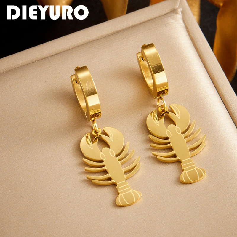 DIEYURO 316L Stainless Steel Oval  Vintage Golden Lobster Shape Earrings For Women Girl 2024 New Trend Ear Buckle Jewelry Gift