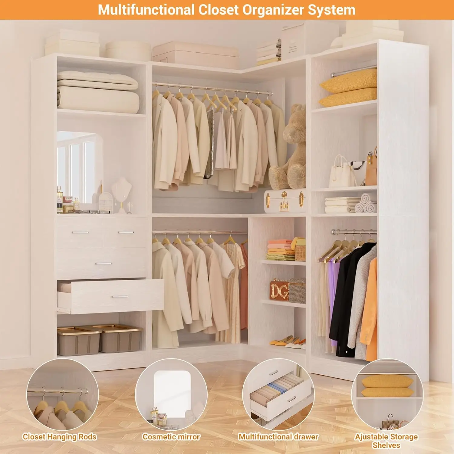 86” Closet System, Large Corner Closets Organizer with Hanging Rods and Mirror Design, Freestanding Adjustable Wood Clothes Garm
