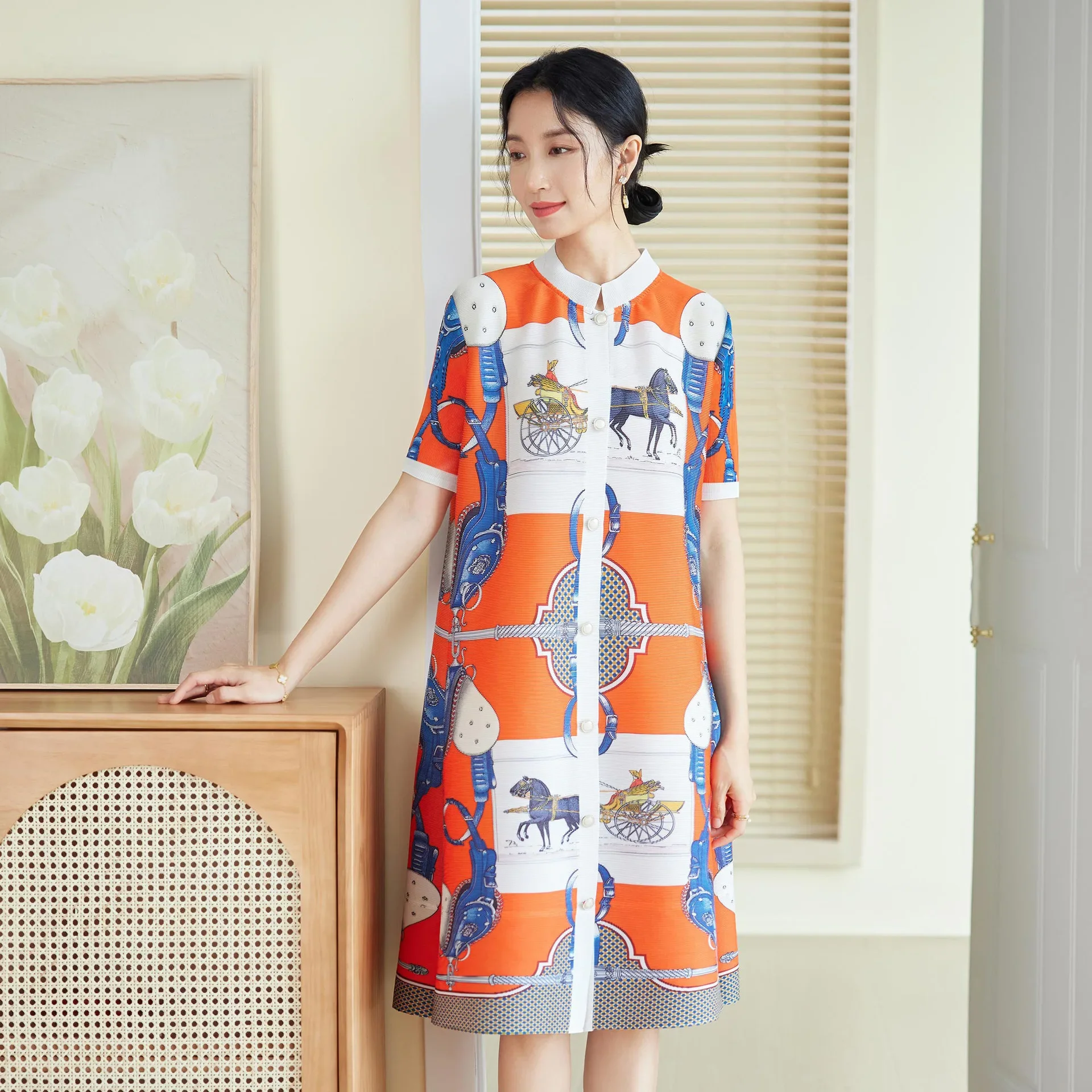 

Early autumn new women's dress, high-end dress with Miyake pleats, fashionable print, loose large-sized, fashionable mid-length