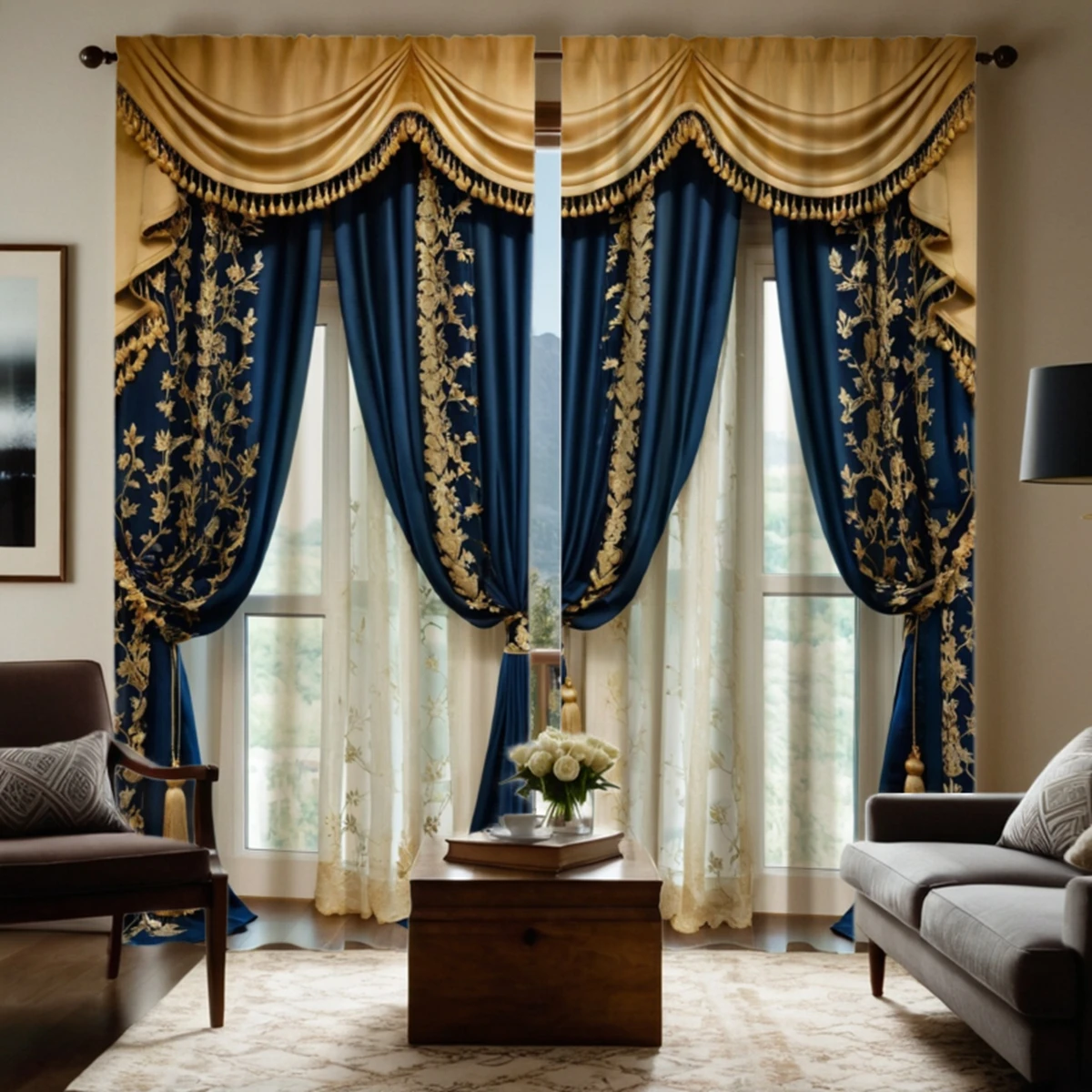 2-piece set HD digital blue tie French luxury curtain home decoration style decoration living room bedroom wear rod curtain effe