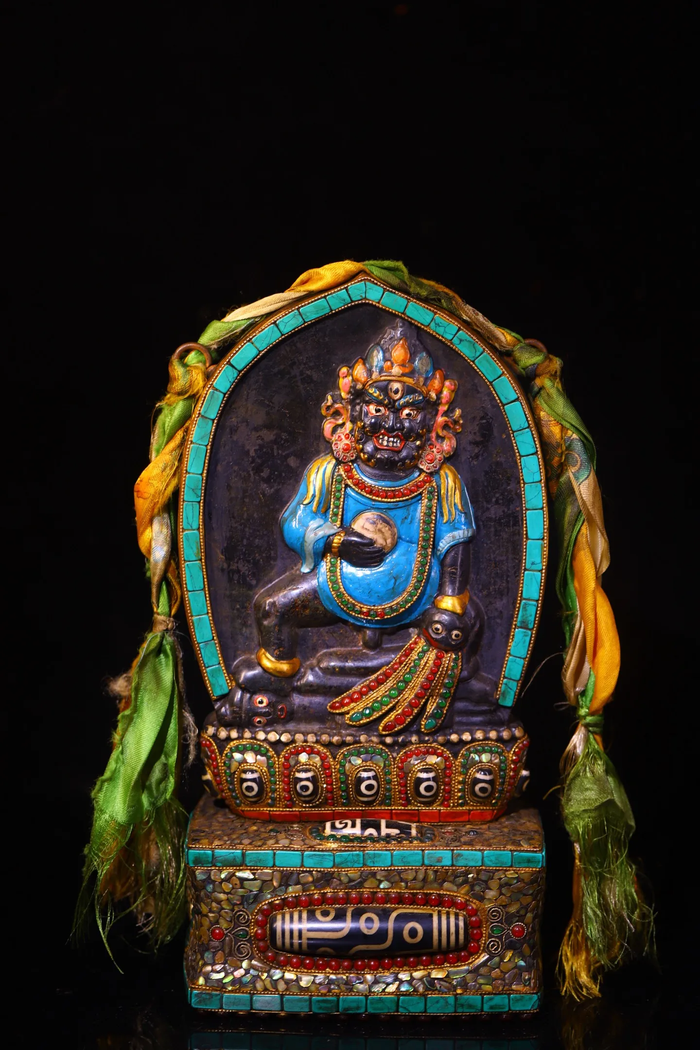 Old Folk Meteorite Painted Mosaic Gem gZi Beads Shell Turquoise Black Jambhala Buddha Plaque Buddhist Niche Base