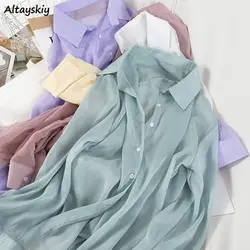 Shirt Women Solid Thin 5-colors Basic Breathable Female Tops Long Sleeve Loose Single Breasted Sun-proof Students Korean Style