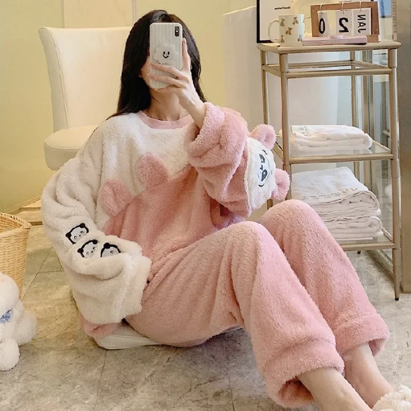 5XL Plus Size Thickened Pajamas Women Winter Warm Soft Flannel Sleepwear Coral Velvet Cute Cartoon Padded Nightwear Home Clothes