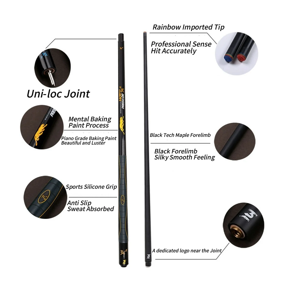 3142 Economical 1/2 58'' Billiard Pool Cue Carbon Coated Wood Shaft, Anti-slip Silicone Wrap, Uni-loc Joint/Collar