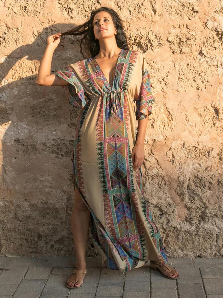 2023 Tunic Pink Indie Folk Print Plus Size Kaftan Sexy Deep V-neck V-back Beach Dress Women Beachwear Boho Dresses Q645