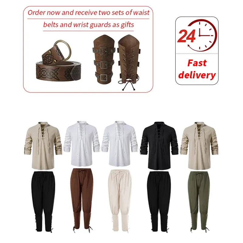 

Retro Vintage Medieval Renaissance Pants Outfits Waist Belt Shirt Arm Guards Pirate Men's Cosplay Costume Halloween