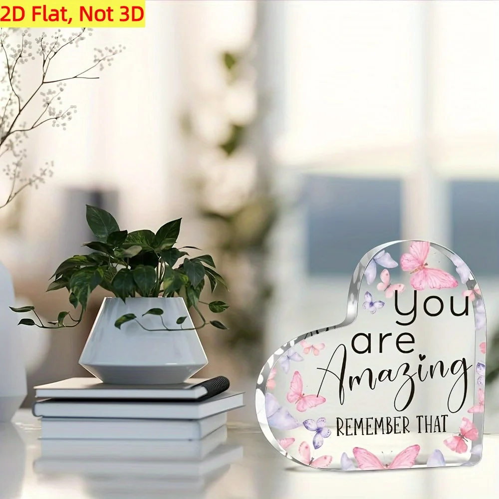 Pastel Pink Purple Butterfly Heart Acrylic Stand, Positive Affirmation Quote Encouragement Table Ornament