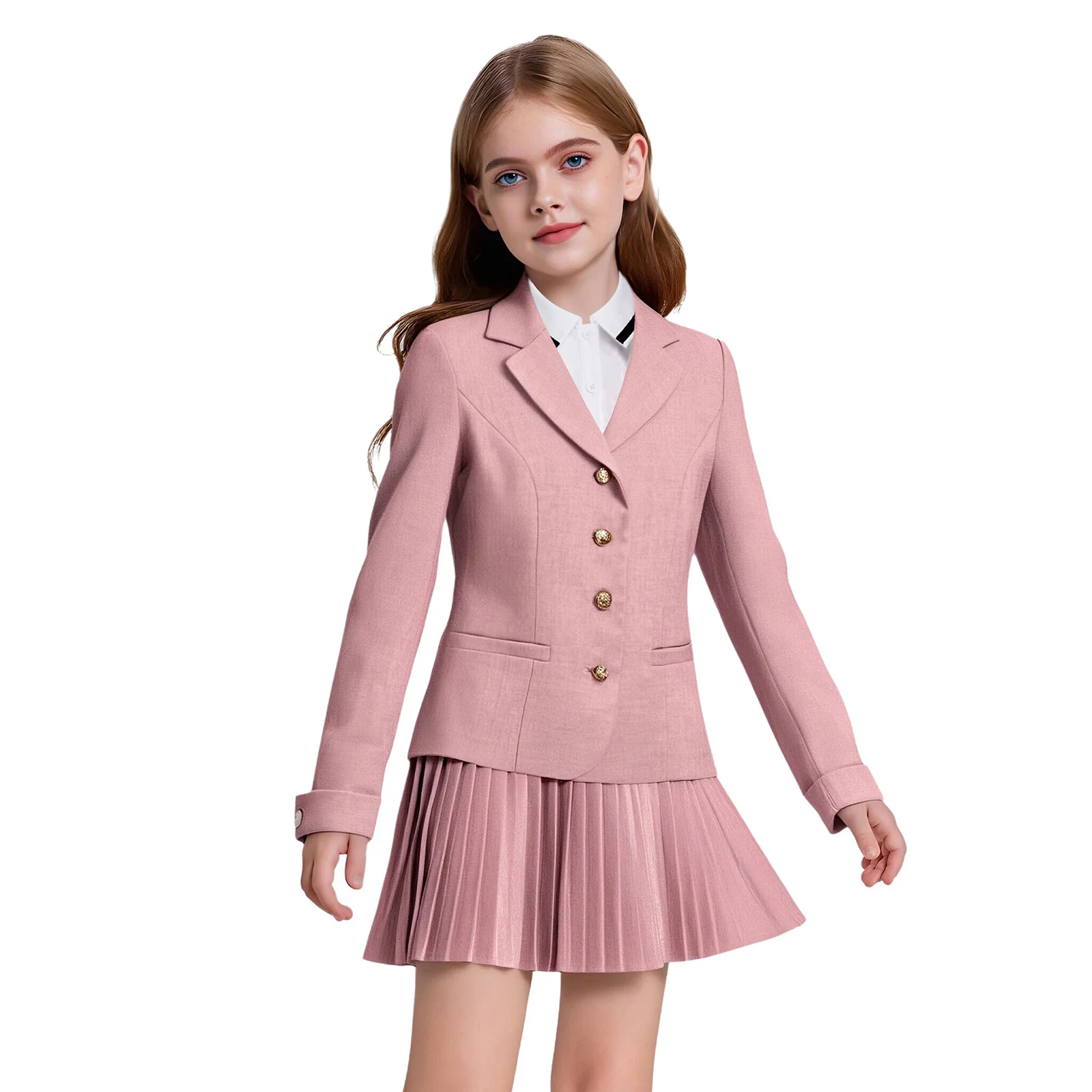 

2025 Kids Girls School Uniform Lapel Button Down Suit Jacket+Pleated Skirt+Long Sleeve Pullover Shirt Formal Graduation Outfits