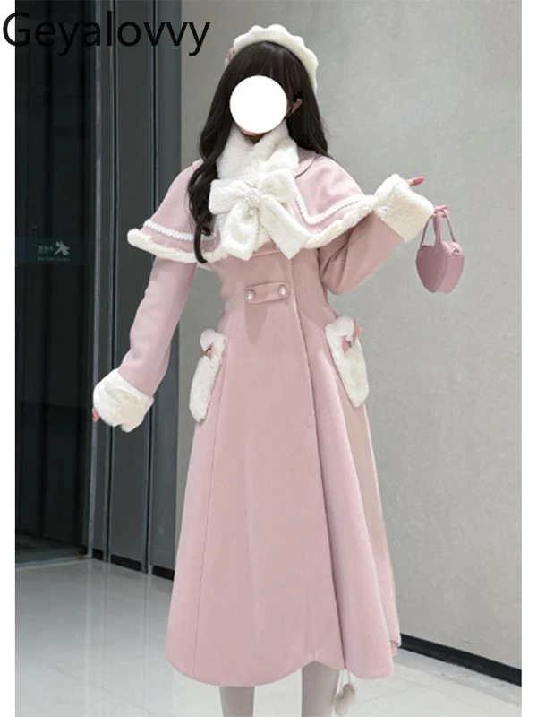 الوردي منتصف طول مبطن انفصال كيب معطف على شكل ثوب الخريف الشتاء لوليتا فتاة حلوة الدانتيل متابعة عالية الخصر التخسيس ماكسي فساتين