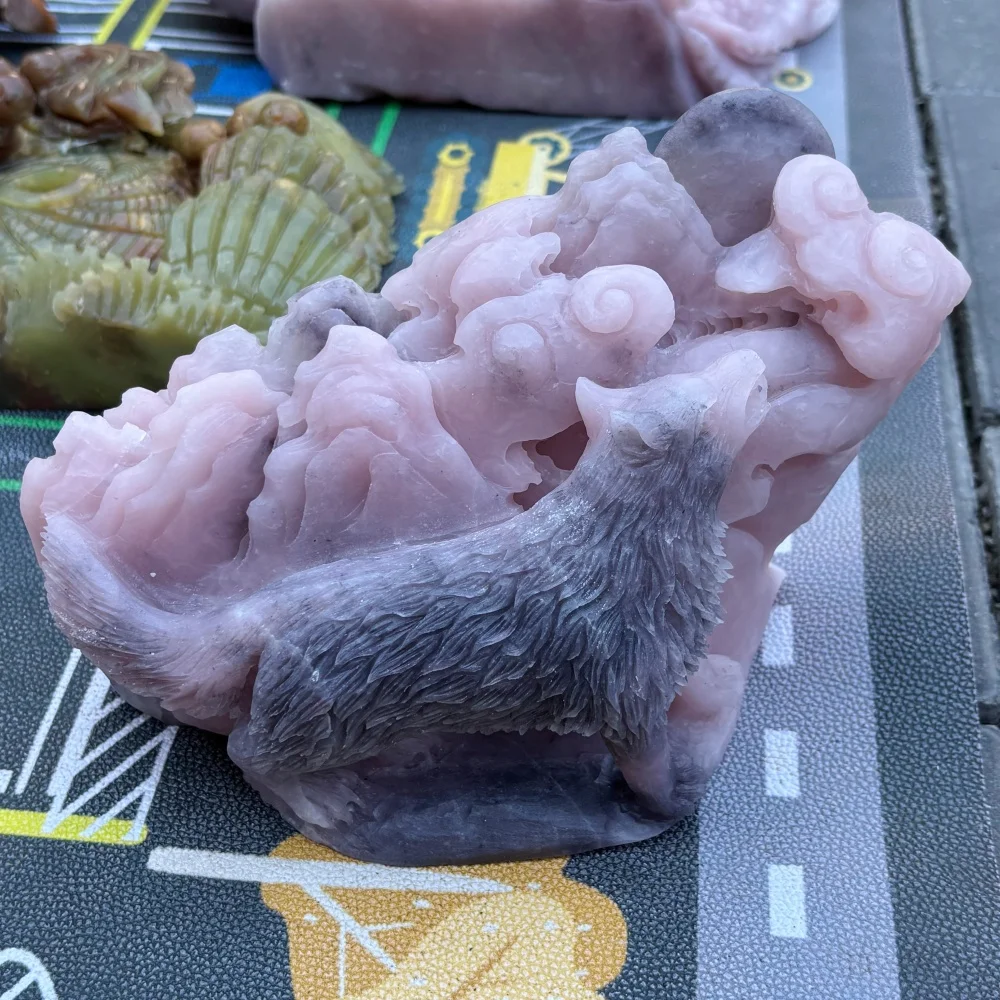 Natural Pink Calcite Hand Carved Howling Wolf Figurine, Crystal Moon Wolf Mountain Statue, Reiki Stone Home Decor Gift