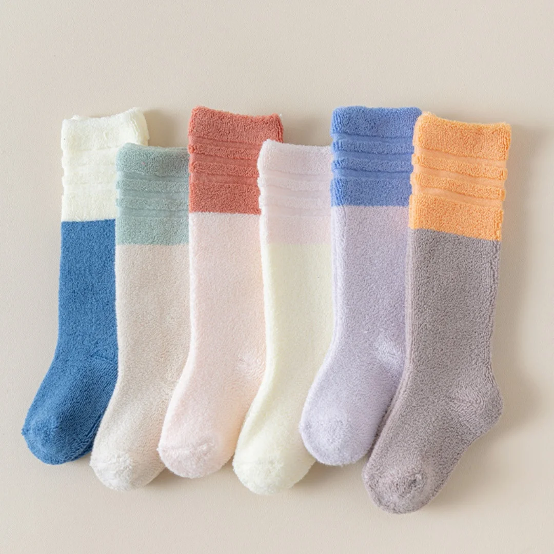 Autumn Kids Knee High Socks Toddler Color Block Striped Thick Warm Leg Warmers 6M-3Y Soft Elastic Non-binding Kids Long Socks