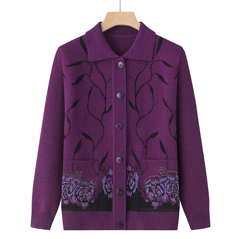 Vintage Middle Aged Mother Sweater Grandma Cardigan Autumn Winter Knitting Long Sleeve Coat Lapel Printed Knitwears Jacket Women