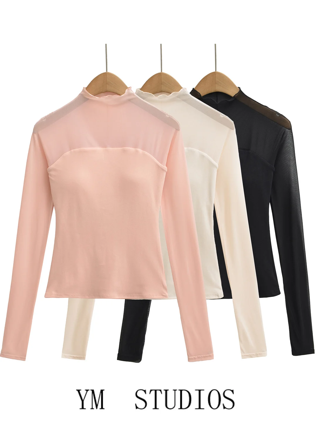 Sexy Spicy Girl Style Long Sleeve T-Shirt with Mesh Splice High Neck Base Shirt Women's Skin-friendly Breathable Polyester Fiber