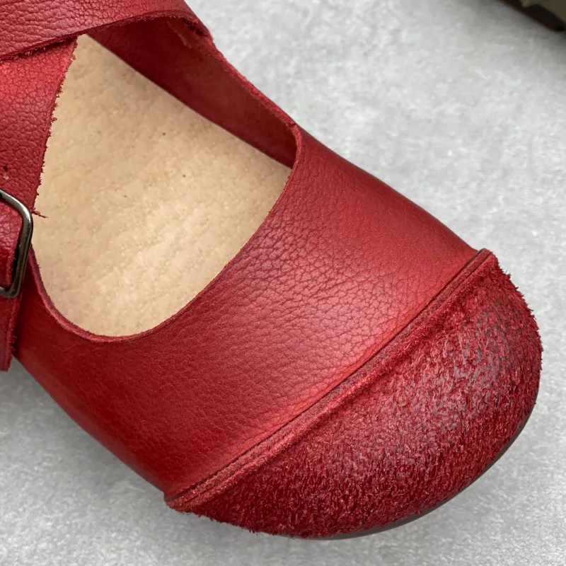 Women Original Handmade Genuine Cow Leather Belt Buckle Flat Shoes Retro Round Toe Cross Strap Mary Janes Casual Comfort Pumps view 6