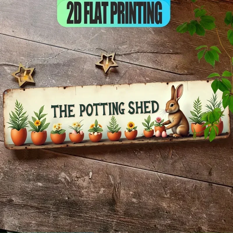 Panel Metálico Plano 2D Vintage con Diseño de Conejo y Plantas en Maceta - Decoración Plana, Adorno de Pared con Diseño de Conejo, Ideal para el Hogar