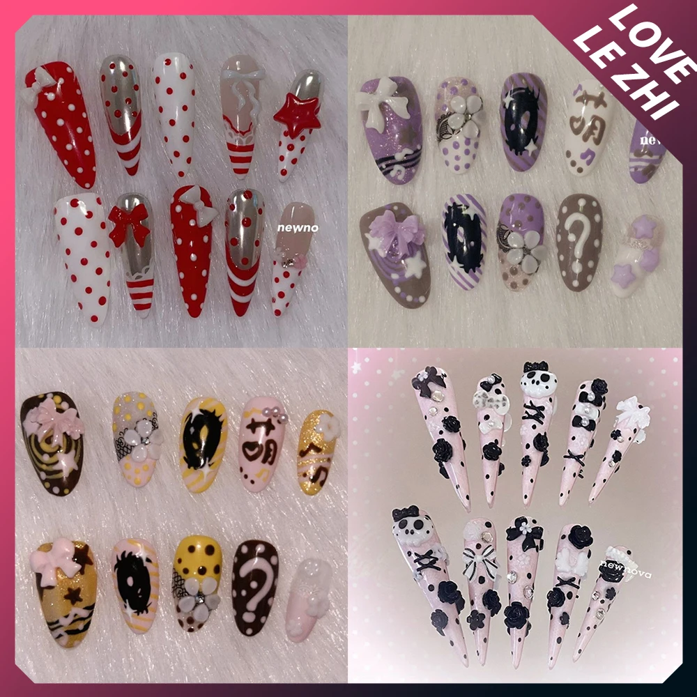 

Накладные ногти Y2K Sweet Cool с ручной росписью цветами, бантиками, звездами, горошком, стразами и жемчугом, полностью покрывающие ногти, готовые к носке