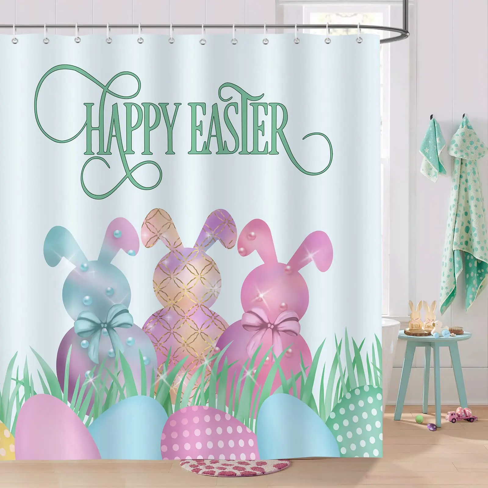 Happy Easter Bunny Shower Curtain Funny Rabbits Pink and Blue Eggs Bath Curtain Polyester Fabric Waterproof Bathroom Curtain