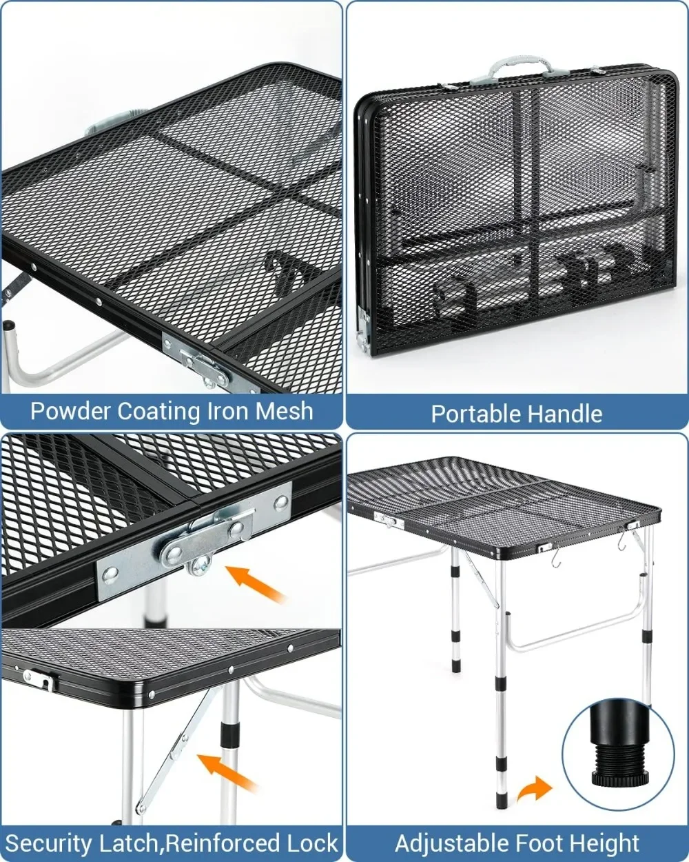 Mesa plegable, mesa de camping de altura ajustable con 2 ganchos, mesa de parrilla portátil de aluminio liviana y compacta para exteriores