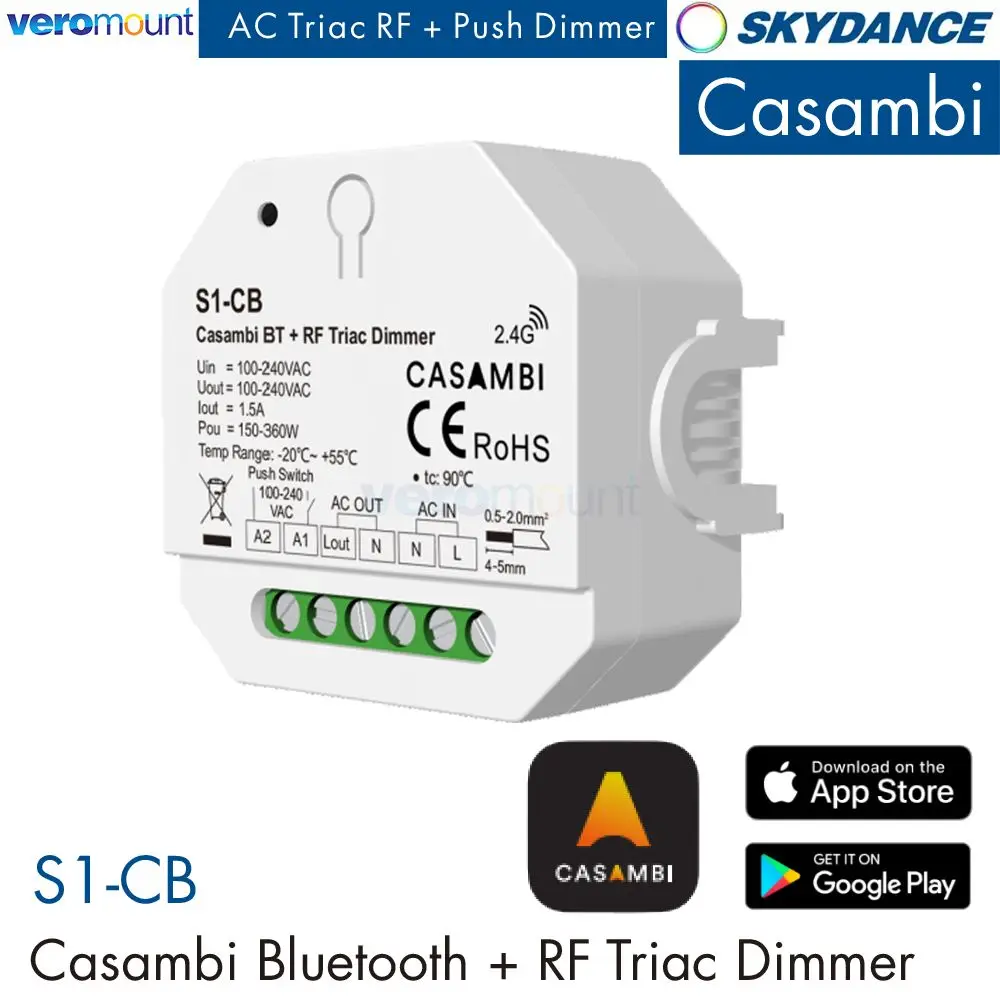 

Skydance S1-CB Casambi Bluetooth 2.4G RF Triac Dimmer APP Control Brightness Adjustable Push Switch Dimming AC220V 110V 1CH*1.5A