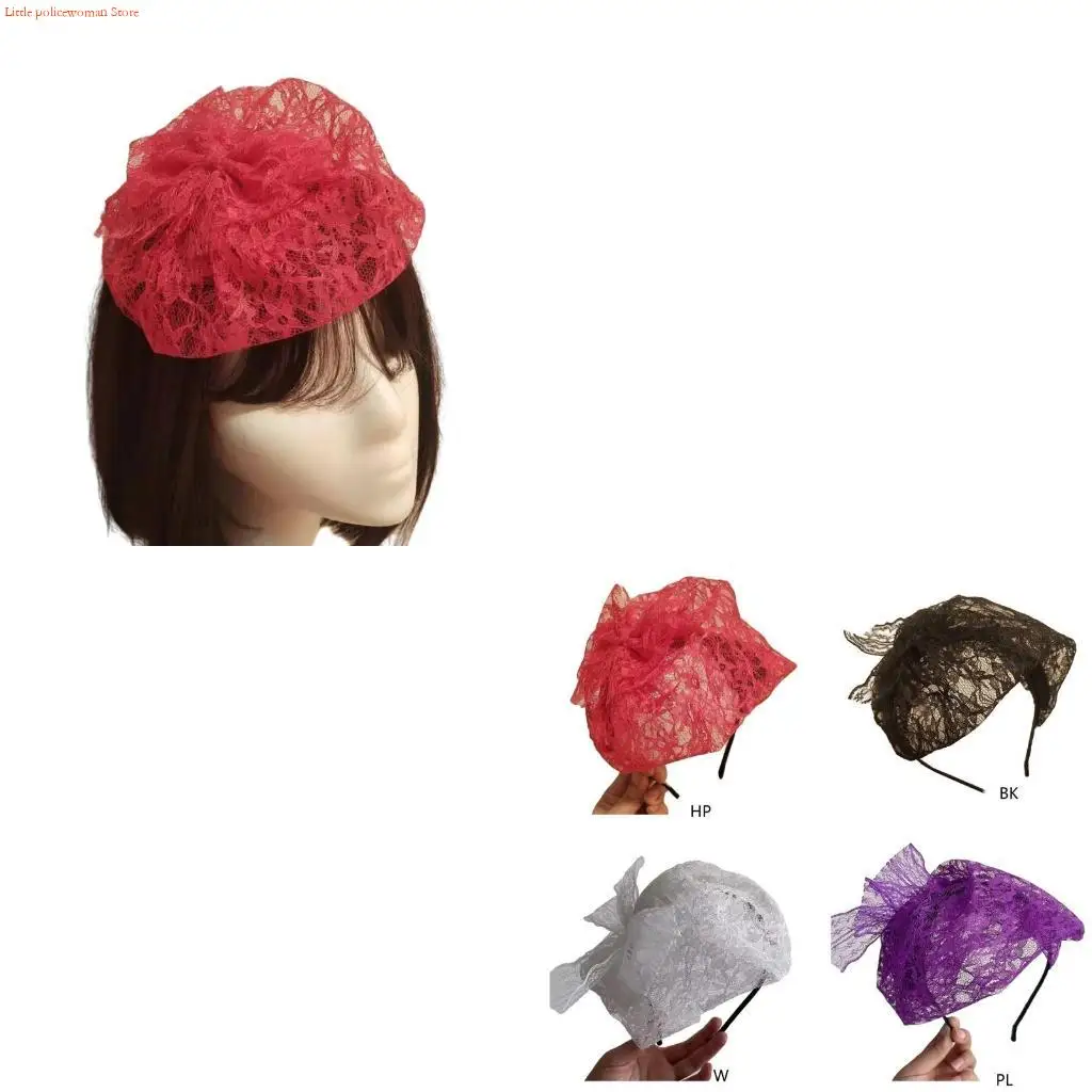 F92D Womens Fascinator Hat Lace Mesh Headband Tea Party Pillbox Flower Headwear Lace Hoop Hairband Hair Accessories