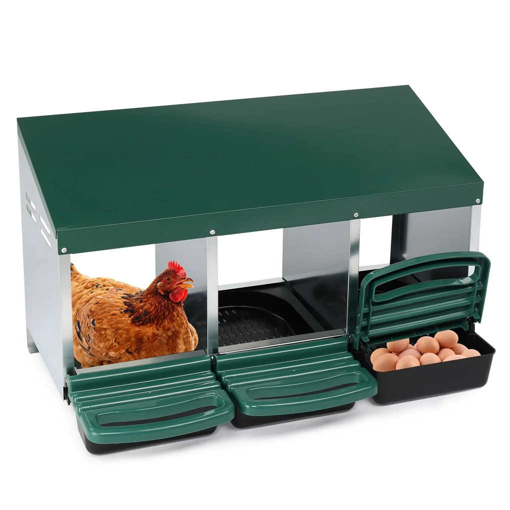 

3 Compartment Roll Out Chicken Nesting Box with Plastic Basket, Egg Nest Box Chicken Laying Box Hens Chicken Coop Box, Green