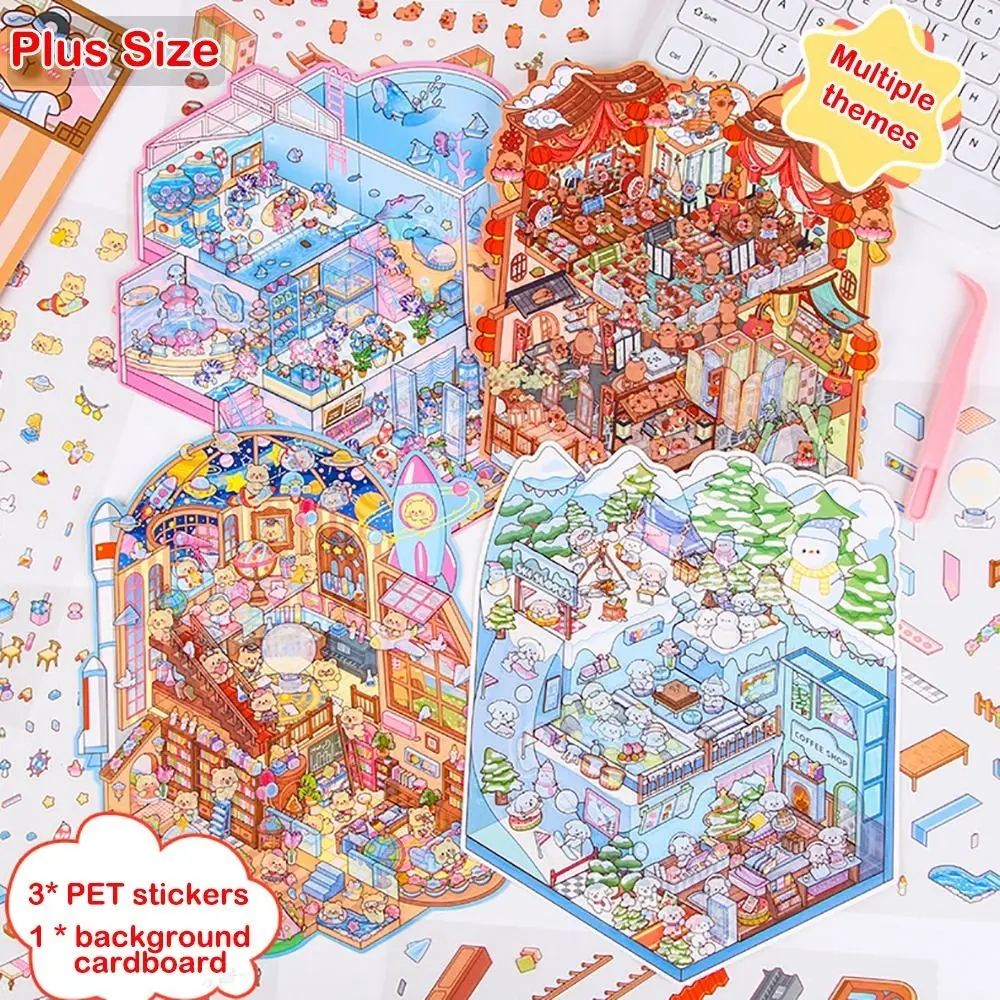

New Plus Size 3D Landscape Sticker Cartoon Visual Stacking Sticker Cabin Scene Pocket Cabin Scene Student Kid Child