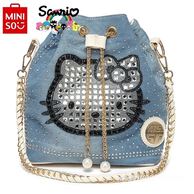 Miniso Sanrio Women's Bucket Bag Fashionable and High Quality Diamond Inlaid Crossbody Bag Large Capacity Women's Cowboy Bag