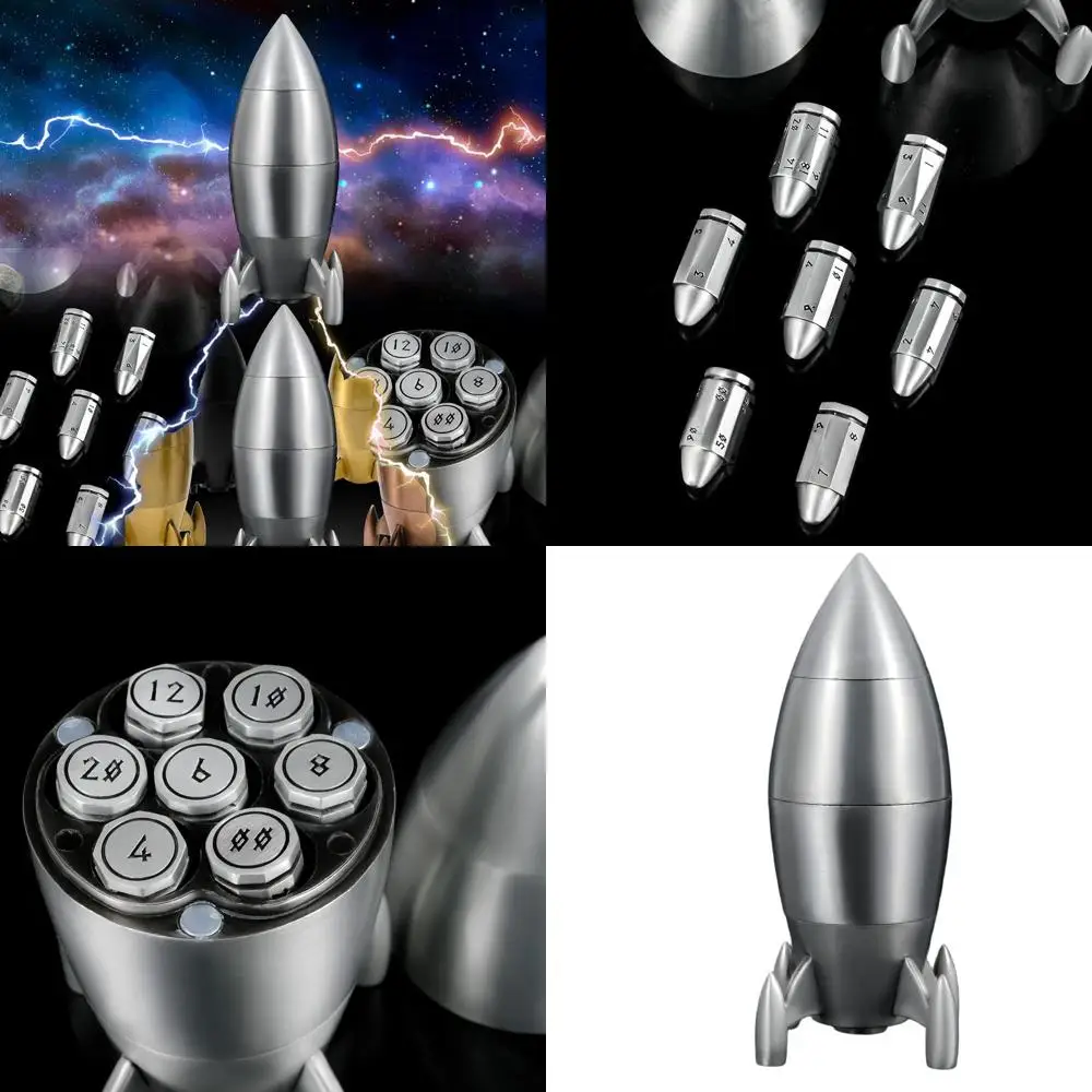 

Metal Dice Set for Dungeons & Dragons Gamers: 7-Piece Sci-Fi Bullet Style, Silver Rocket Stand Included