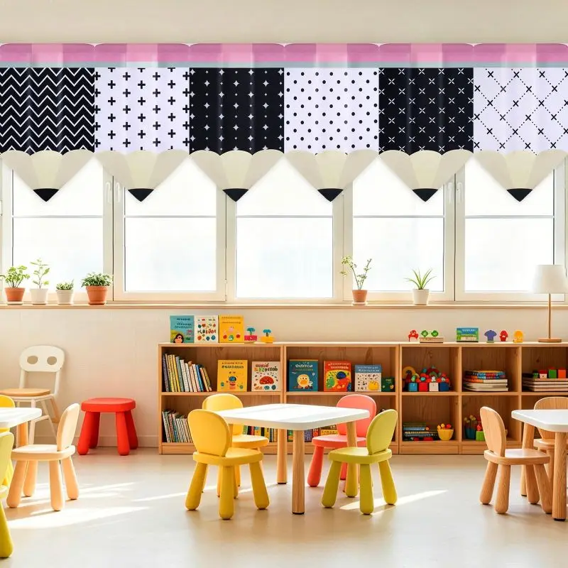 VIKAMA Black White Geometric Pencil Valance Curtain Chevron Dot Cross Short Curtain Preschool Kids Room Window Hanging Decor