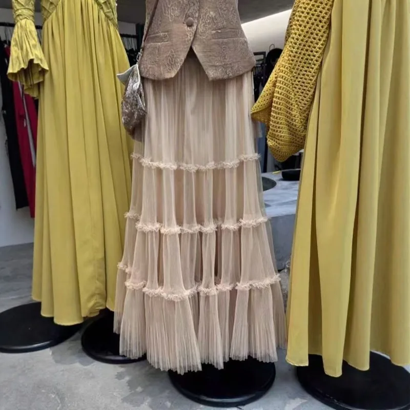 

Новый европейский стиль, французская винтажная элегантная кружевная сетчатая лоскутная многослойная юбка-тортик, женская облегающая юбка с высокой талией