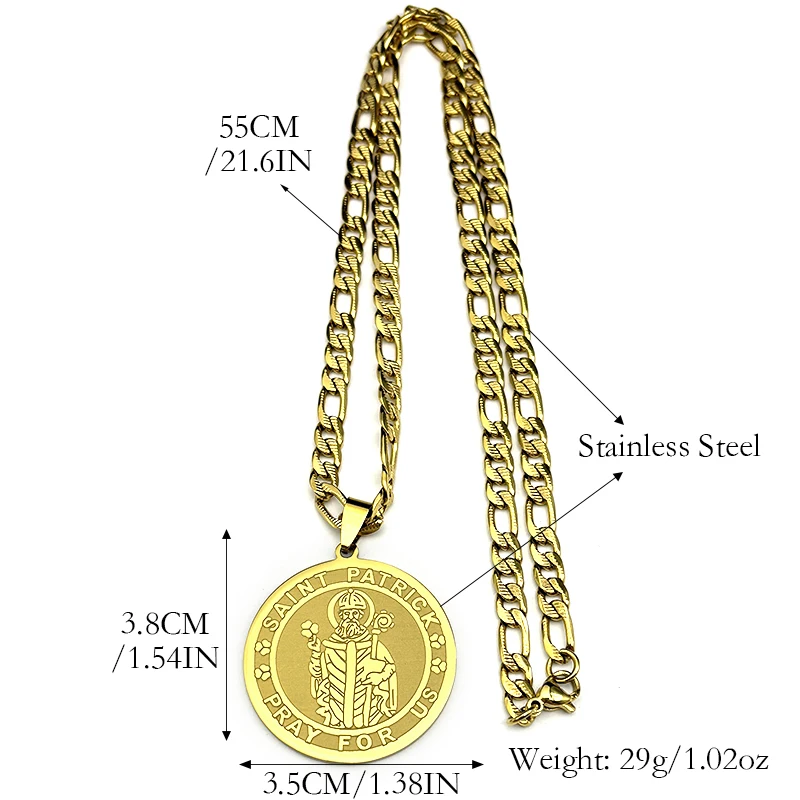 SAINT PATRICK BERDOA UNTUK AS Medali Liontin Kalung untuk Wanita Pria Stainless Steel Warna Emas Christian Amulet Irlandia Hadiah Perhiasan