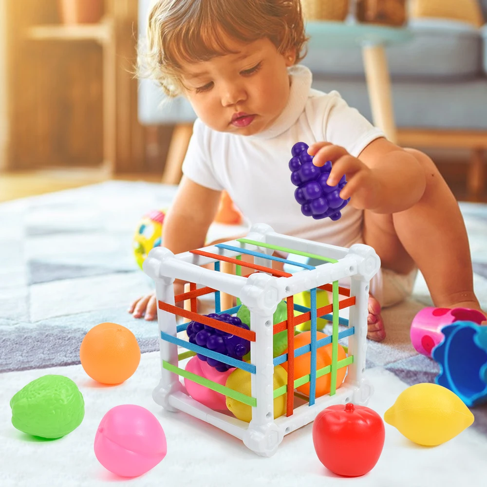 Juguetes sensoriales Montessori para bebés, cubo clasificador de formas, juguetes para bebés con frutas coloridas, actividad, aprendizaje de habilidades motoras finas para niños de 1 año